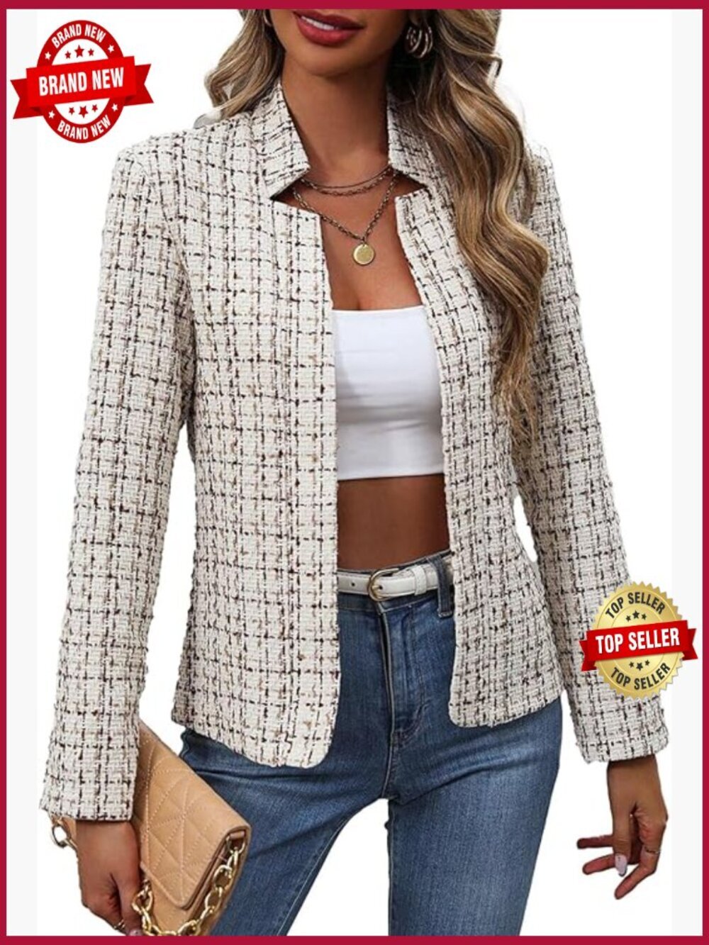 Open Front Tweed Blazer - Lightweight Plaid Stand Collar Lined Casual Work